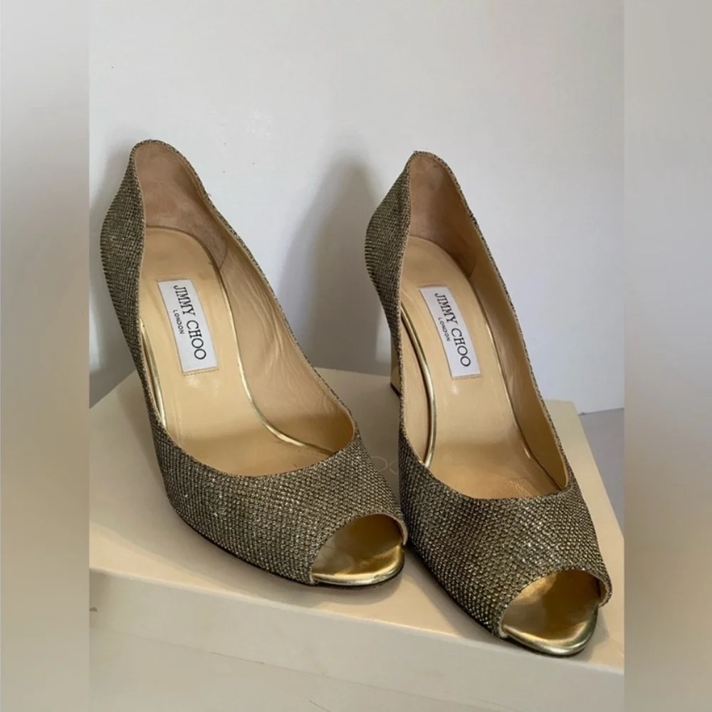Jimmy Choo Gold Glitter Baxen Peep Toe Wedge Pumps  (9)